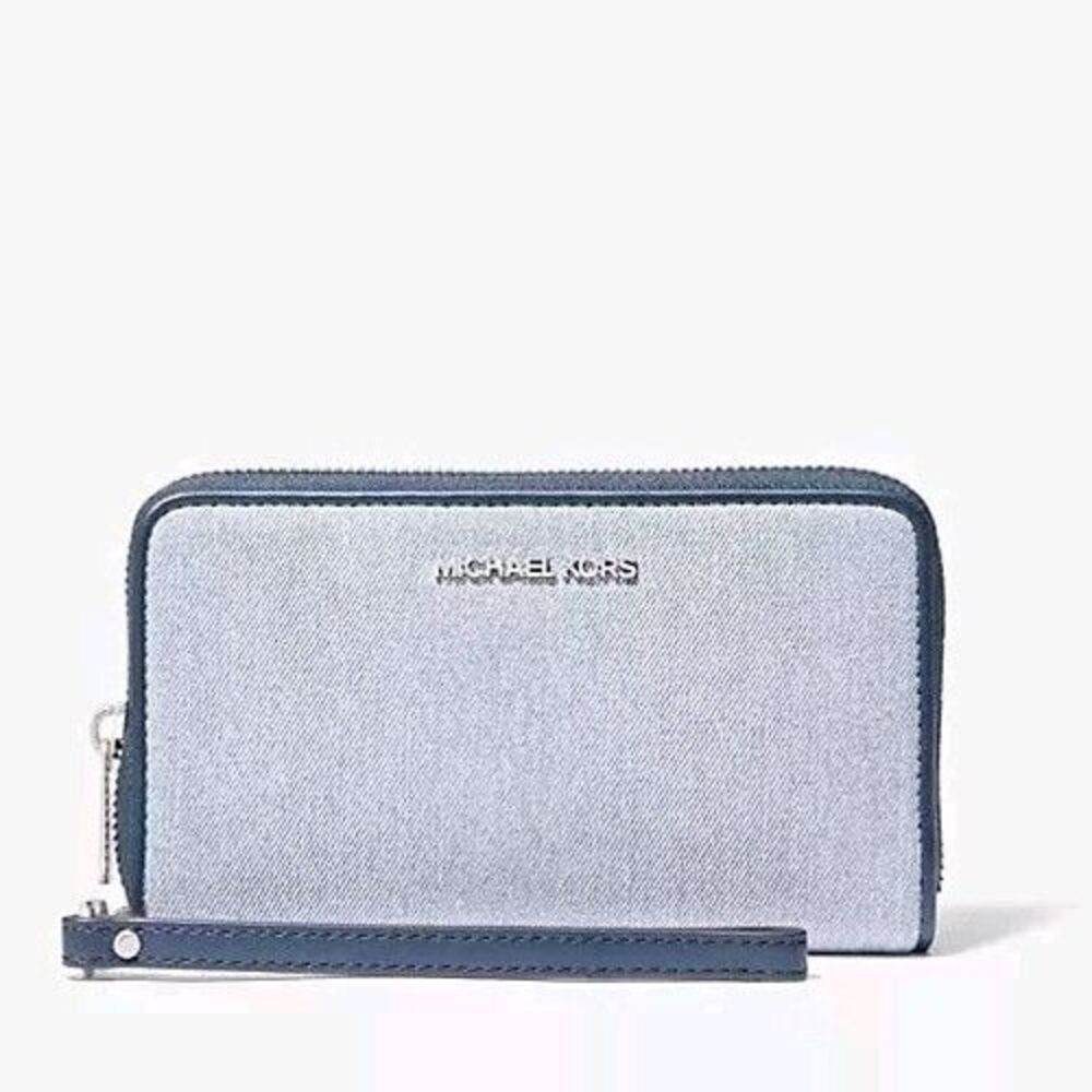 NWT Michael Kors Jet Set Denim Smartphone Wallet Wristlet Organizer Silver Blue